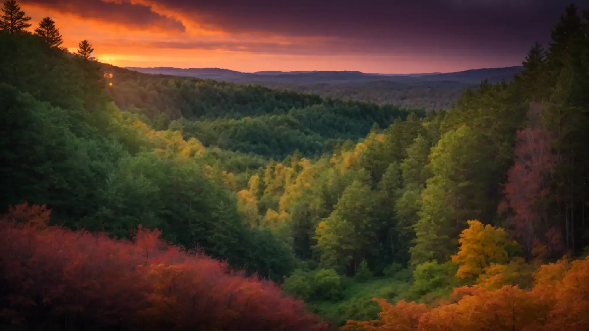 a vivid landscape of a tranquil forest illuminated by the warm glow of a setting sun, with rich emerald hues of foliage contrasting against the deep orange and purple sky.