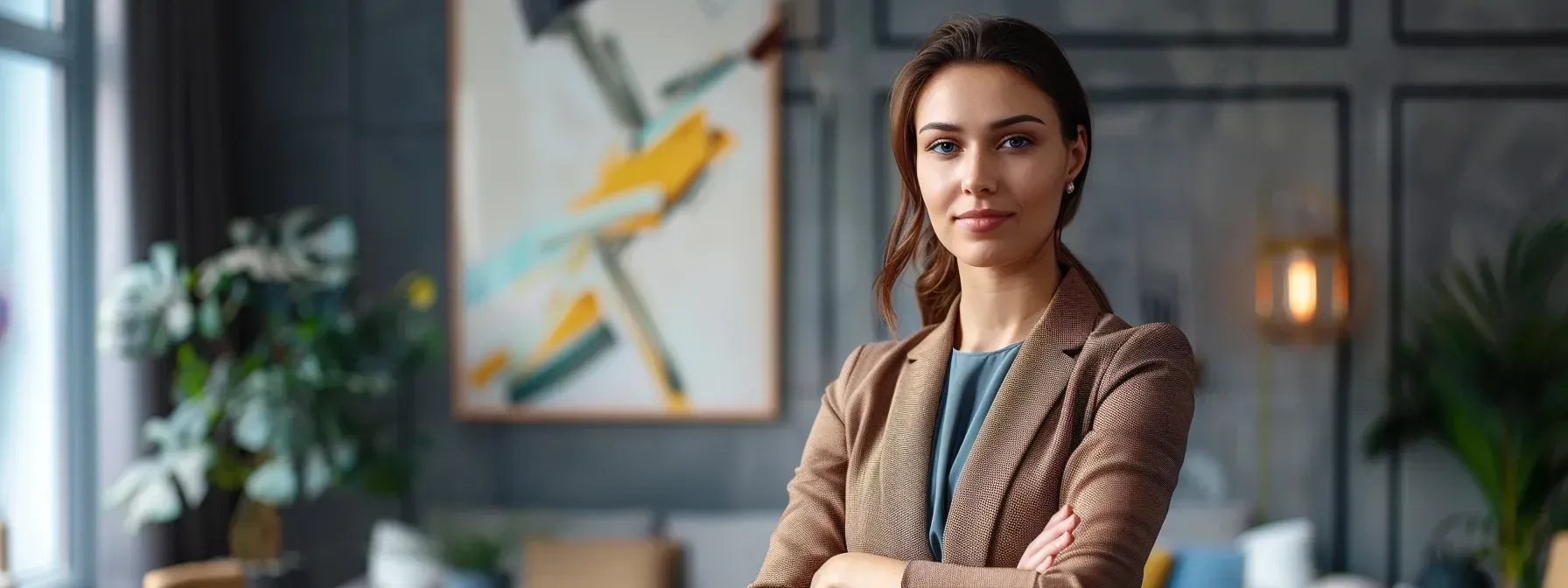 a confident realtor stands in a modern office, elegantly dressed, with a striking professional portrait on the wall behind them, creating an inviting and authentic atmosphere that emphasizes their expertise and personal brand.