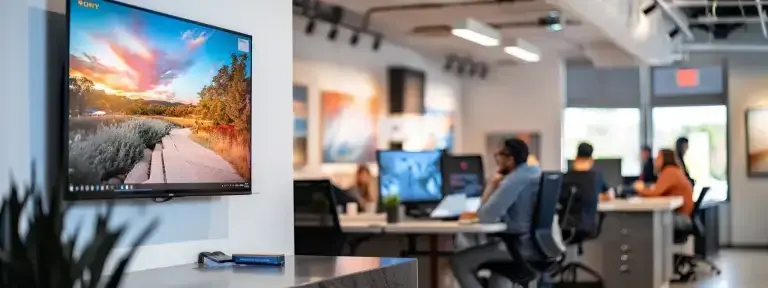 a modern real estate office bustling with activity, showcasing a large screen displaying glowing testimonials from satisfied clients, reinforcing trust and confidence in the realtor's services.