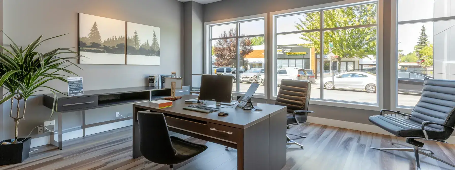 a modern real estate office featuring a sleek desk with a professional laptop open to a personalized realtor website, showcasing bold typography and a clear, engaging layout that emphasizes personal branding and seo strategies.