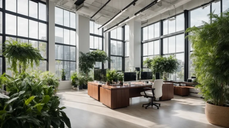 a modern, well-designed office space filled with vibrant greenery and sleek furniture, showcasing a knowledgeable realtor engaging with digital analytics on a large screen, symbolizing expert seo strategies in real estate.