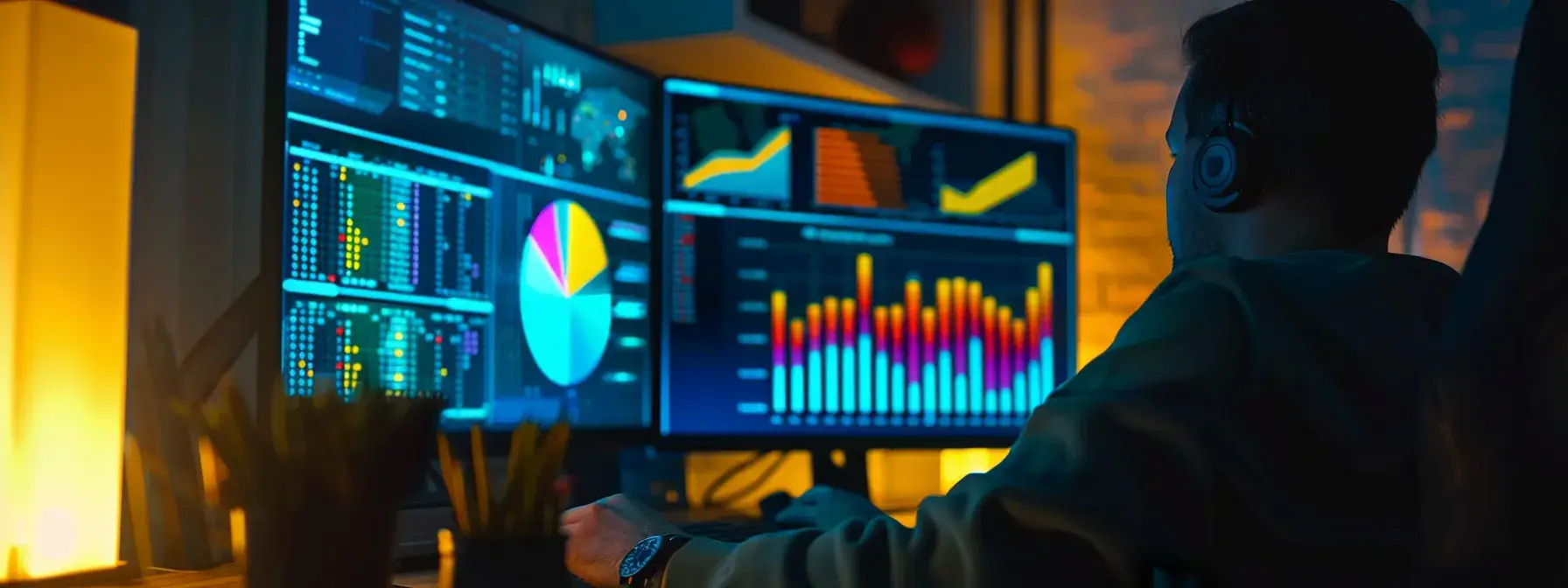 a person analyzing keyword data on a computer with colorful graphs and charts displayed on the screen.