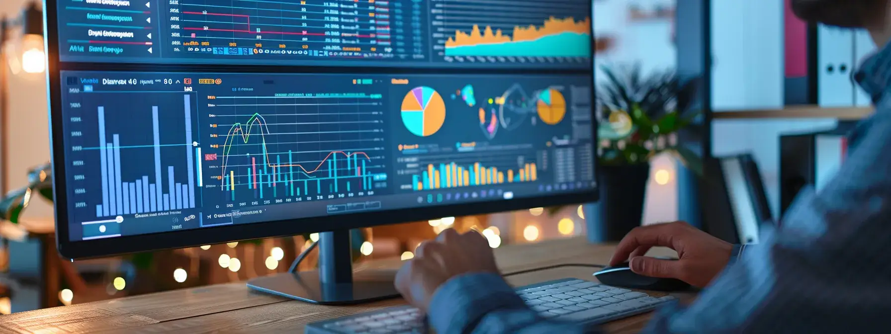 a person analyzing a computer screen displaying various seo metrics, with colorful charts and graphs illustrating organic web traffic, user engagement, keyword rankings, bounce rates, session duration, backlink quality, domain authority, and conversion rates.