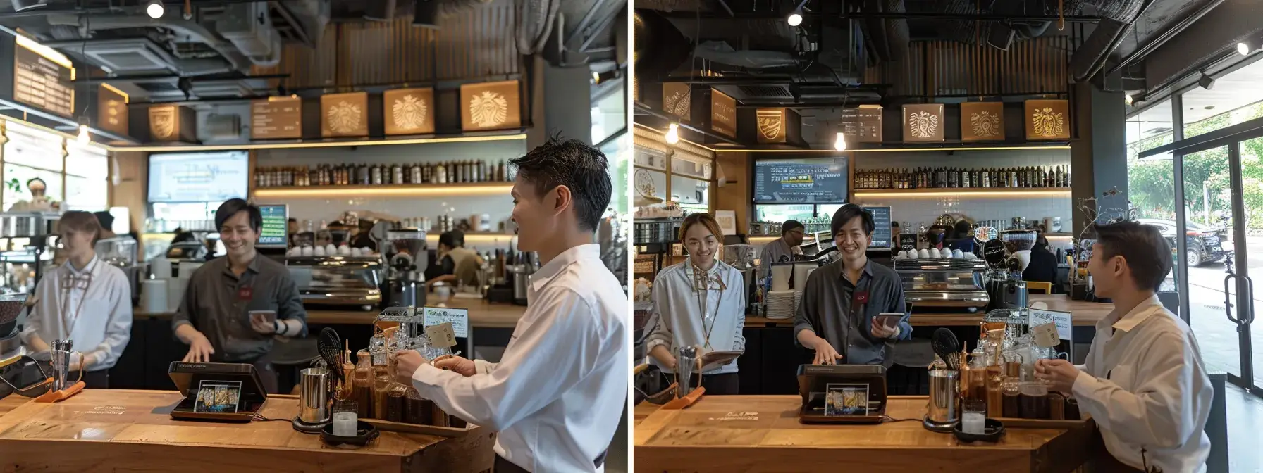a bustling coffee shop with smiling customers happily leaving positive feedback on tablets, while the staff diligently responds to reviews and displays glowing testimonials on a digital screen above the counter. a bustling coffee shop with smiling customers happily leaving positive feedback on tablets, while the staff diligently responds to reviews and displays glowing testimonials on a digital screen above the counter.
