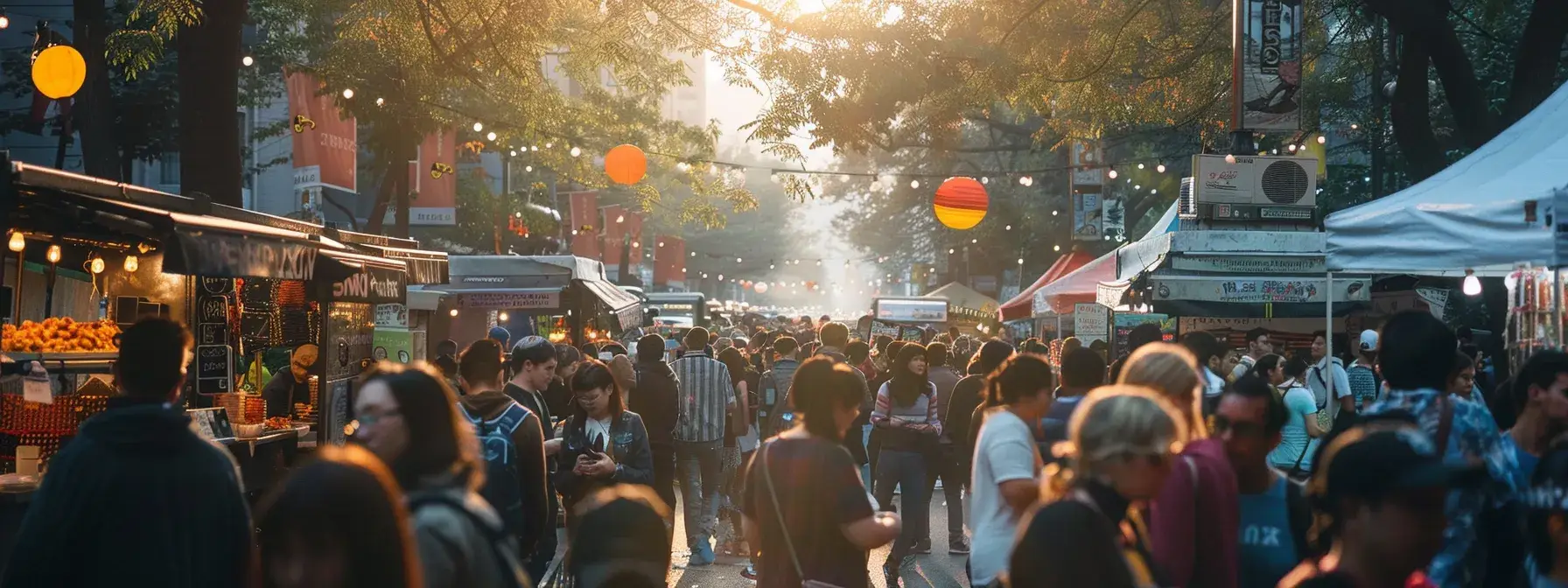 a bustling street fair with local vendors and community members interacting, sharing social media posts tagged with the event location and relevant hashtags. a bustling street fair with local vendors and community members interacting, sharing social media posts tagged with the event location and relevant hashtags.
