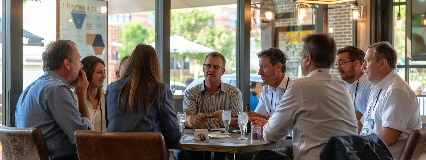 a group of real estate investors networking at a vibrant local meet-up, exchanging business cards and discussing off-market property opportunities. a group of real estate investors networking at a vibrant local meet-up, exchanging business cards and discussing off-market property opportunities.