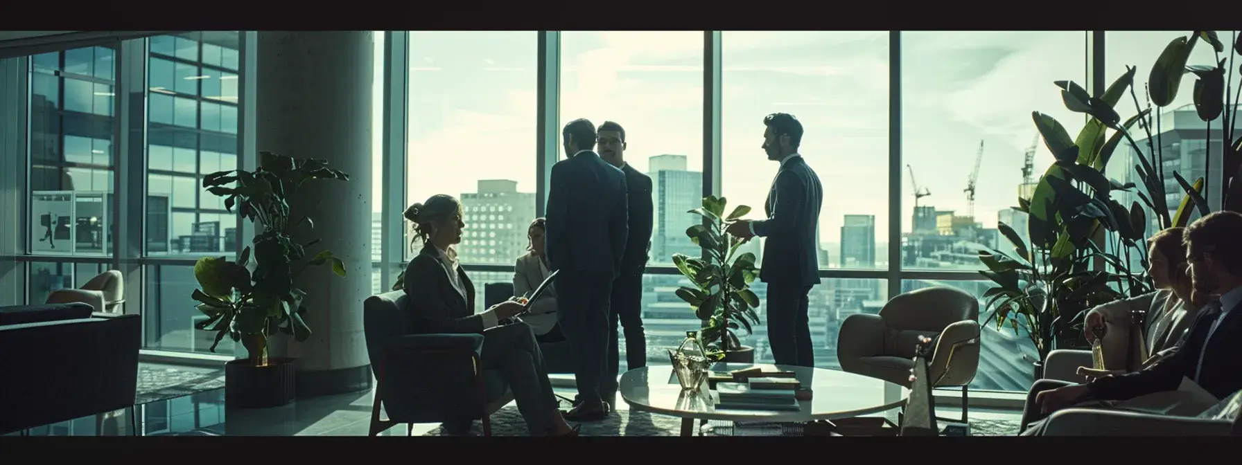 a group of real estate professionals meeting in a modern office, exchanging keys symbolizing exclusive access to off-market deals. a group of real estate professionals meeting in a modern office, exchanging keys symbolizing exclusive access to off-market deals.
