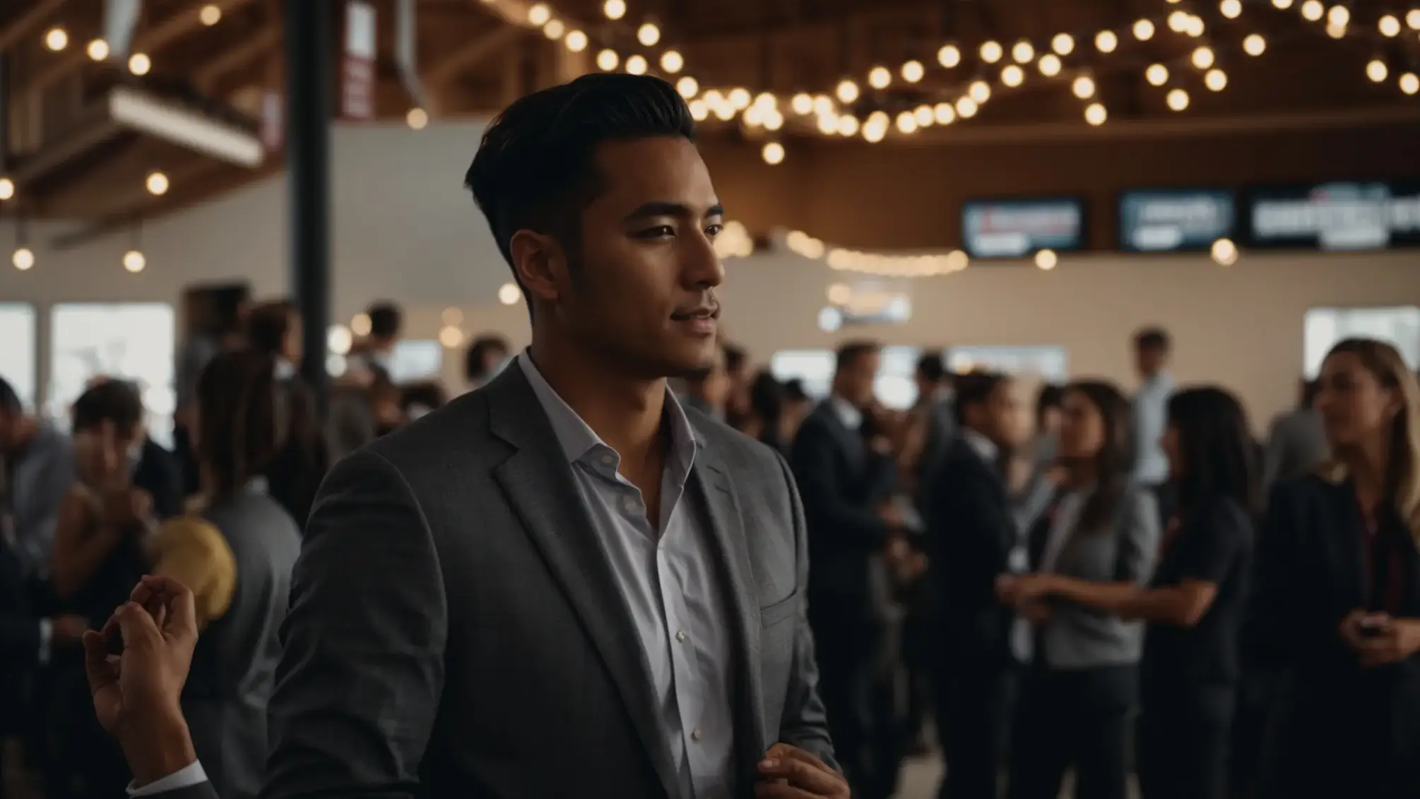 a local business owner networking with other businesses at a community event, with local directories and news outlets in the background. a local business owner networking with other businesses at a community event, with local directories and news outlets in the background.
