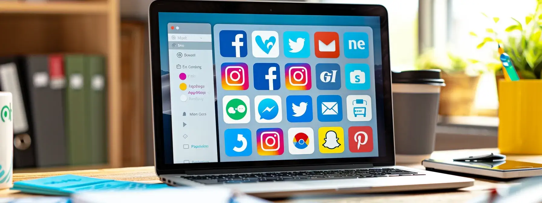 a modern office desk with a laptop displaying social media platforms, surrounded by vibrant charts showing increased web traffic and engagement metrics. a modern office desk with a laptop displaying social media platforms, surrounded by vibrant charts showing increased web traffic and engagement metrics.