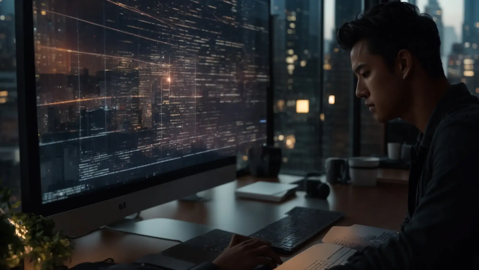 a person analyzing a complex web of links on a computer screen, surrounded by a stack of books on seo and a bustling digital cityscape outside the window. a person analyzing a complex web of links on a computer screen, surrounded by a stack of books on seo and a bustling digital cityscape outside the window.