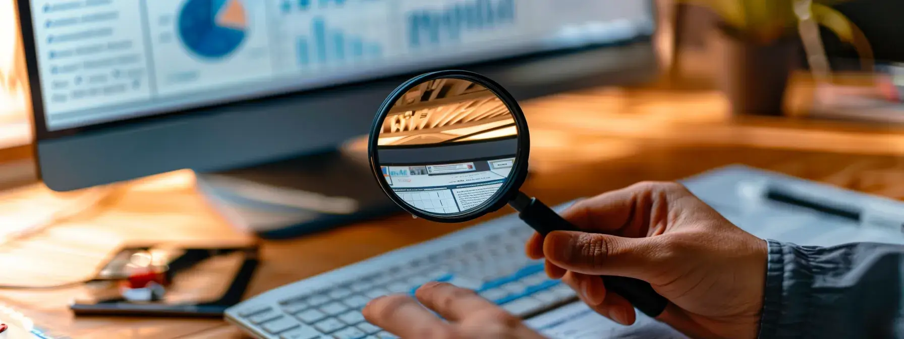a person analyzing a computer screen displaying a detailed seo audit report for a real estate website. a person analyzing a computer screen displaying a detailed seo audit report for a real estate website.
