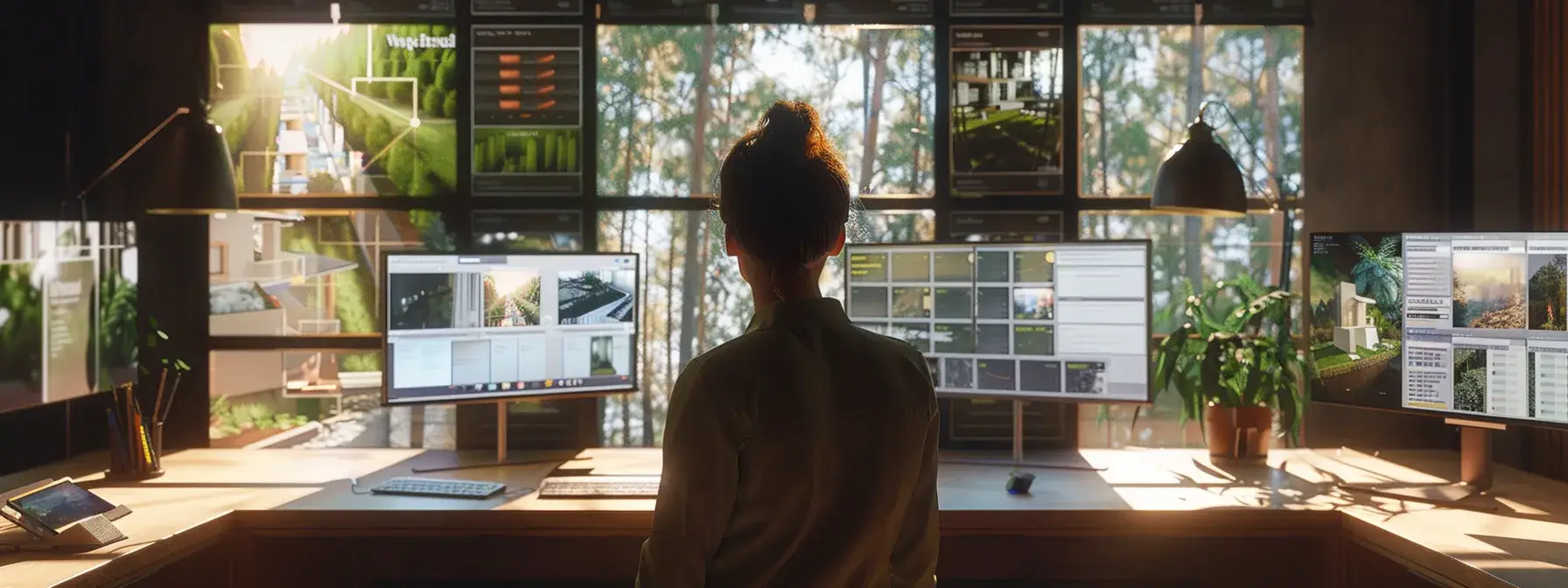 a person analyzing property databases and customer data on a computer with multiple screens displaying real estate listings and analytics. a person analyzing property databases and customer data on a computer with multiple screens displaying real estate listings and analytics.