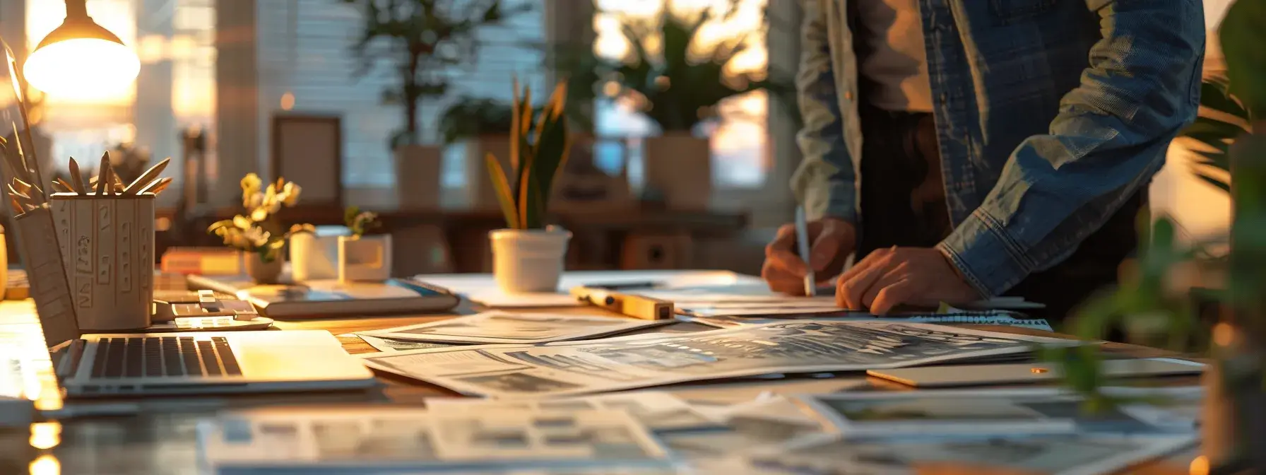 a person carefully analyzing a diverse real estate portfolio, with residential and commercial properties spread out on a desk. a person carefully analyzing a diverse real estate portfolio, with residential and commercial properties spread out on a desk.
