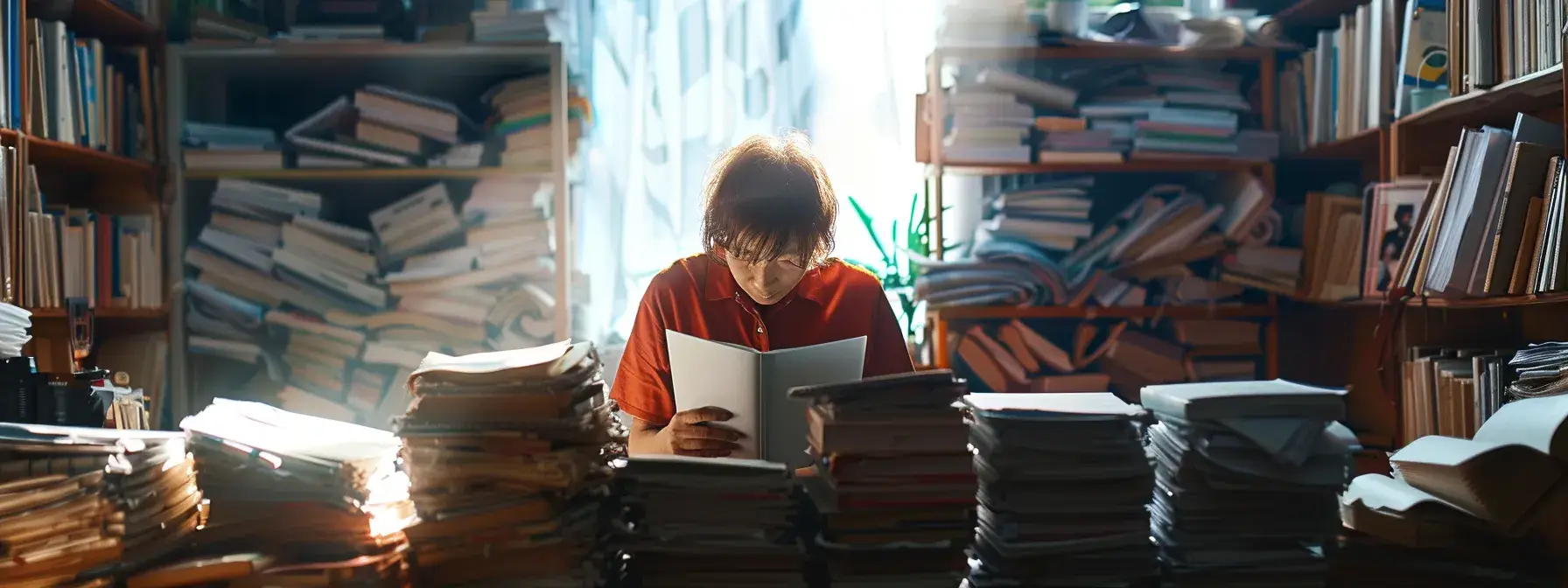 a person overwhelmed by stacks of lengthy, repetitive documents, struggling to navigate through the clutter. a person overwhelmed by stacks of lengthy, repetitive documents, struggling to navigate through the clutter.