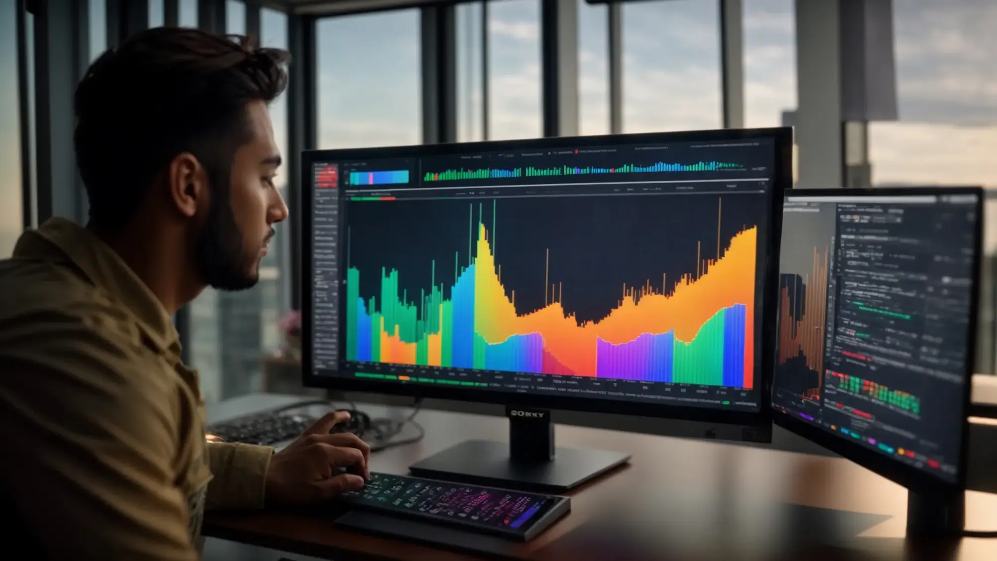a person reviewing a computer screen filled with colorful graphs and charts displaying their local backlink profile analysis. a person reviewing a computer screen filled with colorful graphs and charts displaying their local backlink profile analysis.