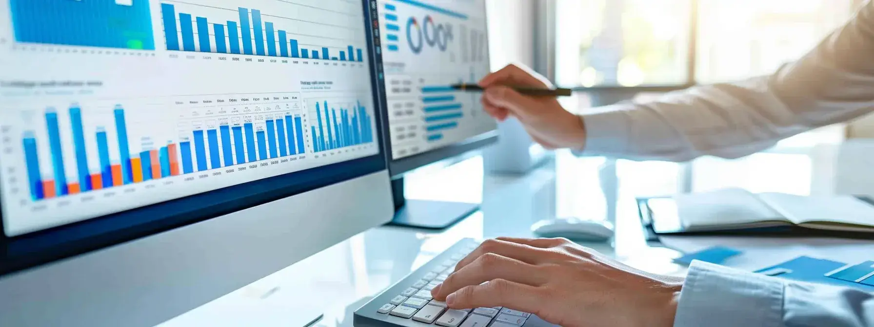 a person studying a customized seo report, highlighting key performance indicators that align with business goals, on a sleek, modern computer screen. a person studying a customized seo report, highlighting key performance indicators that align with business goals, on a sleek, modern computer screen.