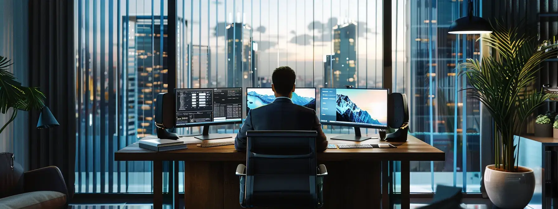 a real estate agent sits at a sleek desk surrounded by computer screens, analyzing lead data and engaging with clients through a chatbot. a real estate agent sits at a sleek desk surrounded by computer screens, analyzing lead data and engaging with clients through a chatbot.