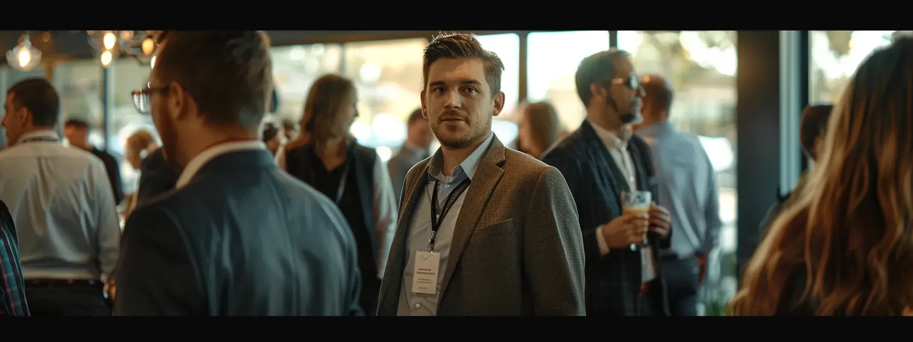 a real estate agent standing confidently in a bustling networking event, surrounded by engaged potential clients and industry professionals. a real estate agent standing confidently in a bustling networking event, surrounded by engaged potential clients and industry professionals.
