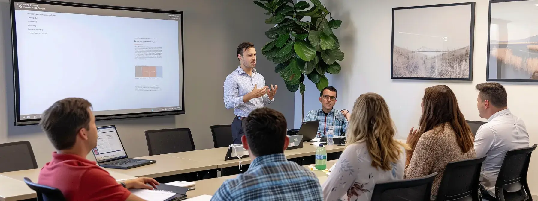 a real estate investor confidently pitching an authoritative article to a group of attentive bloggers in a modern office setting. a real estate investor confidently pitching an authoritative article to a group of attentive bloggers in a modern office setting.