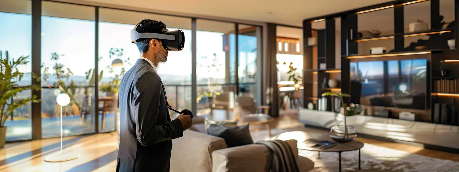 a real estate investor exploring a virtual reality property showcase, surrounded by futuristic ai and ml technology. a real estate investor exploring a virtual reality property showcase, surrounded by futuristic ai and ml technology.