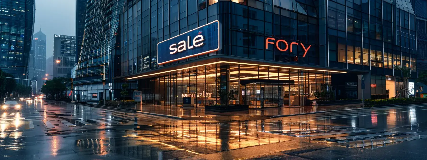 a sleek, modern office building with a glowing a sleek, modern office building with a glowing