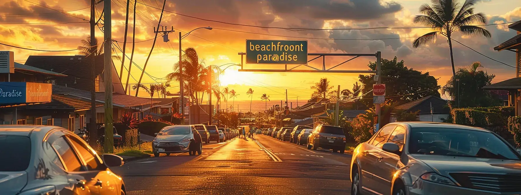 a vibrant sunset over a bustling hawaii neighborhood, with a real estate sign prominently featuring local keywords like a vibrant sunset over a bustling hawaii neighborhood, with a real estate sign prominently featuring local keywords like