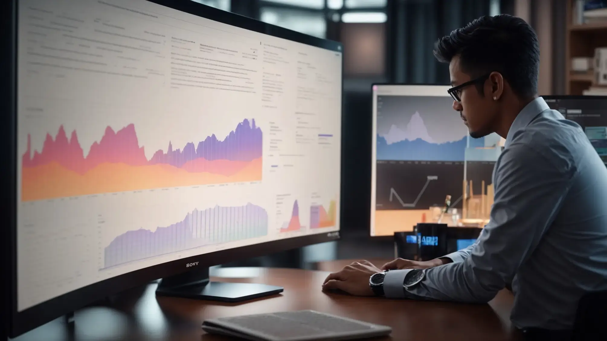 an seo specialist analyzing a computer screen showing a graph of high-performing content, while surrounded by keyword research books and email marketing campaign notes. an seo specialist analyzing a computer screen showing a graph of high-performing content, while surrounded by keyword research books and email marketing campaign notes.