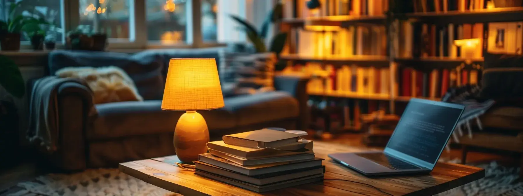 a cozy living room with warm lighting, a stack of real estate books, and a laptop open to a blog post titled a cozy living room with warm lighting, a stack of real estate books, and a laptop open to a blog post titled