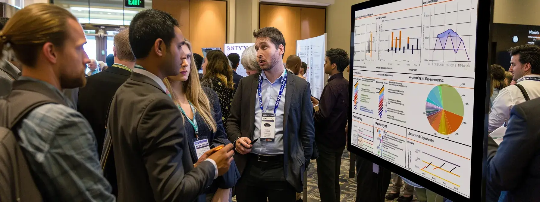 a diverse group of professionals networking at a real estate event, surrounded by charts and graphs showcasing valuable investment data. a diverse group of professionals networking at a real estate event, surrounded by charts and graphs showcasing valuable investment data.