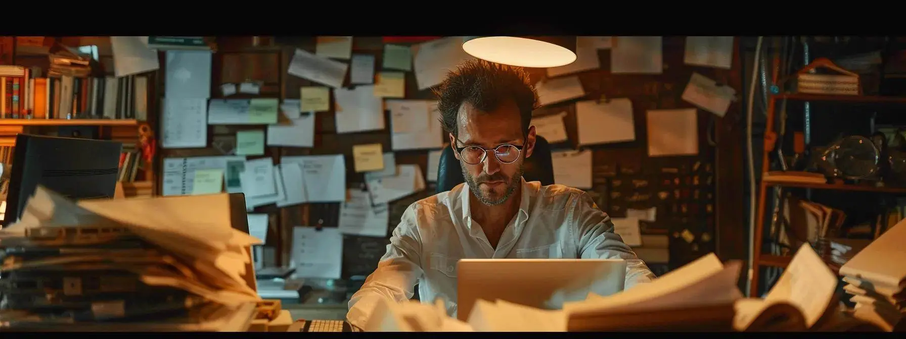 a focused man analyzing seo performance on a computer screen, surrounded by cluttered piles of paper and documents. a focused man analyzing seo performance on a computer screen, surrounded by cluttered piles of paper and documents.