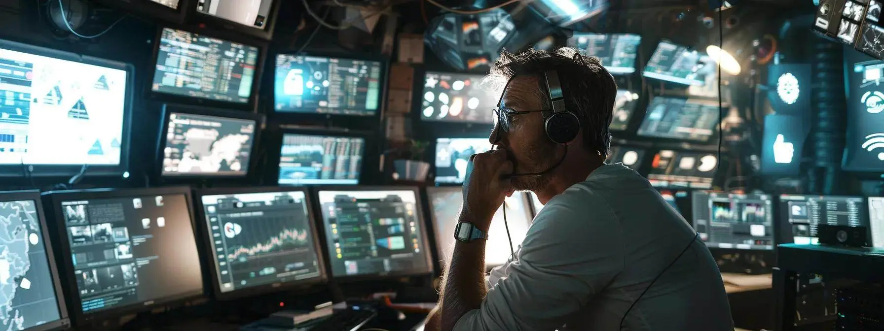 a focused man surrounded by computer screens displaying competitor keyword data and seo analytics, deep in thought. a focused man surrounded by computer screens displaying competitor keyword data and seo analytics, deep in thought.