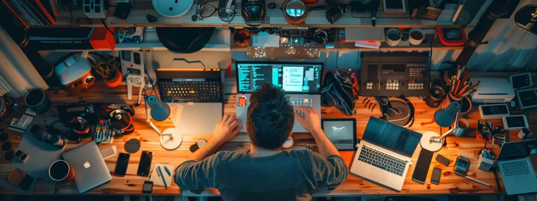 a focused man surrounded by a variety of digital tools, carefully selecting the best one for keyword research to enhance his seo strategies. a focused man surrounded by a variety of digital tools, carefully selecting the best one for keyword research to enhance his seo strategies.