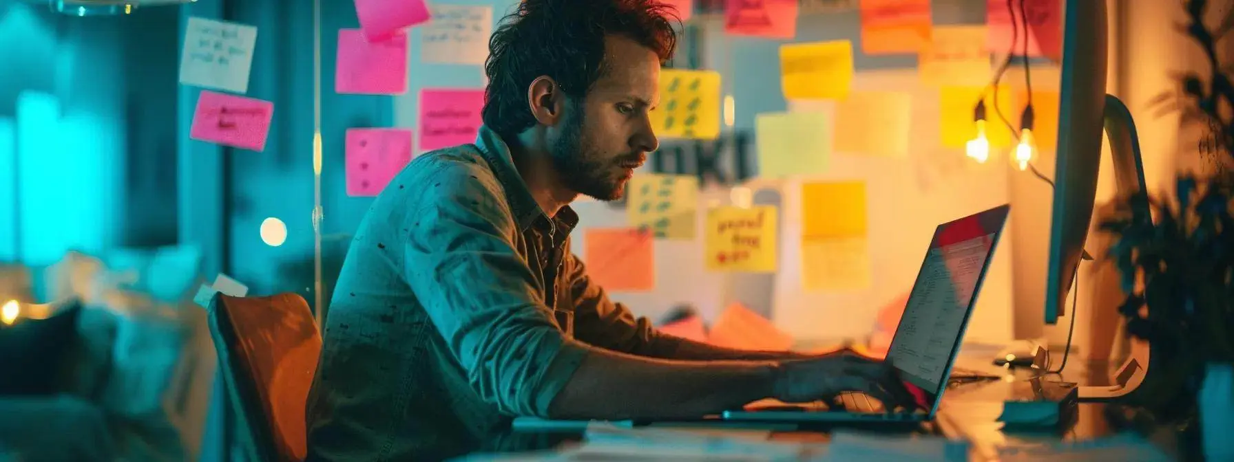 a focused man typing on a laptop, surrounded by colorful post-it notes with seo keywords, optimizing content in the wordpress editor. a focused man typing on a laptop, surrounded by colorful post-it notes with seo keywords, optimizing content in the wordpress editor.