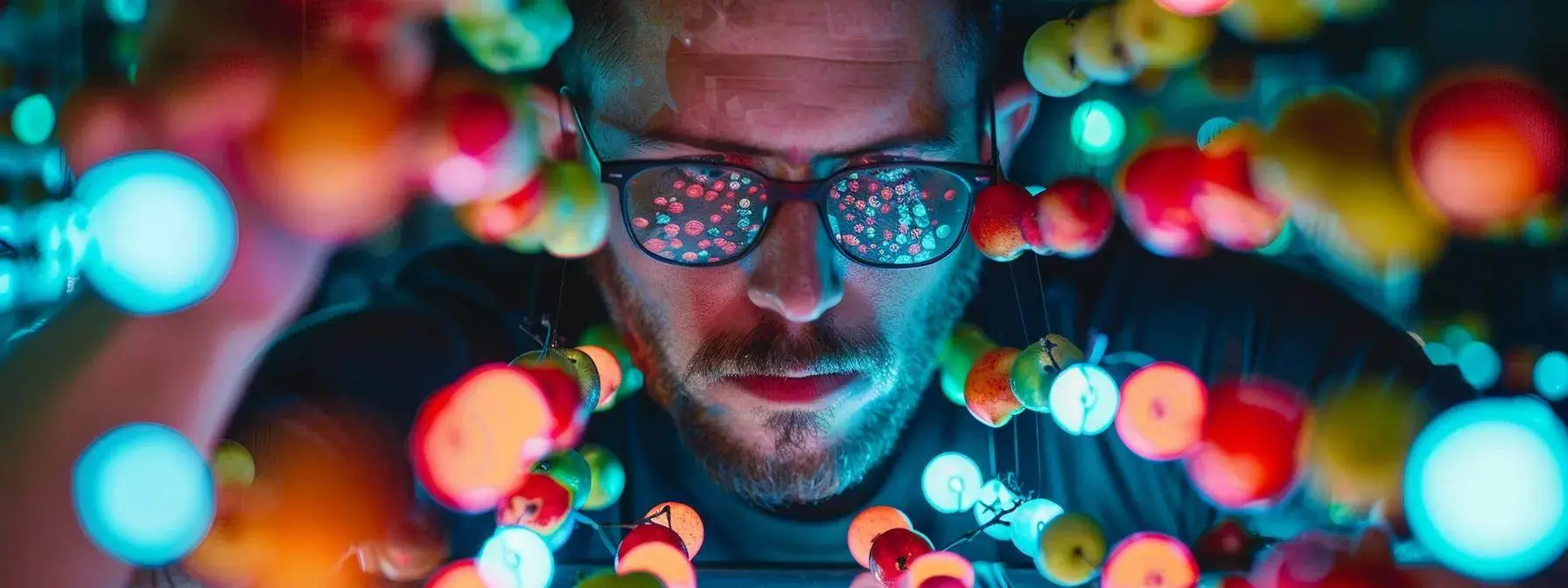 a focused seo expert carefully analyzing a colorful array of low-hanging fruit keywords on a vibrant digital interface. a focused seo expert carefully analyzing a colorful array of low-hanging fruit keywords on a vibrant digital interface.