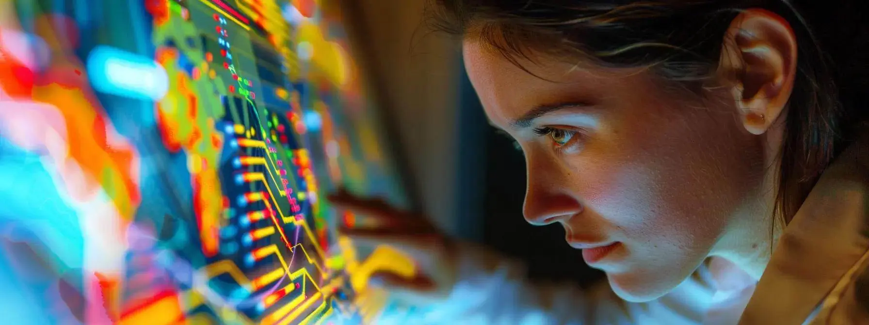 a focused seo specialist analyzing a complex data dashboard with determination and precision. a focused seo specialist analyzing a complex data dashboard with determination and precision.