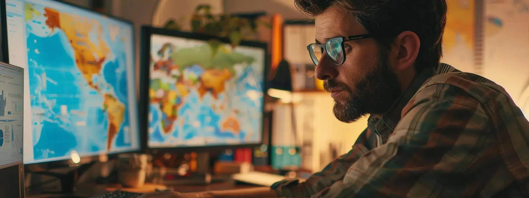 a focused seo specialist surrounded by colorful maps, charts, and a computer, meticulously planning their first topical map creation. a focused seo specialist surrounded by colorful maps, charts, and a computer, meticulously planning their first topical map creation.