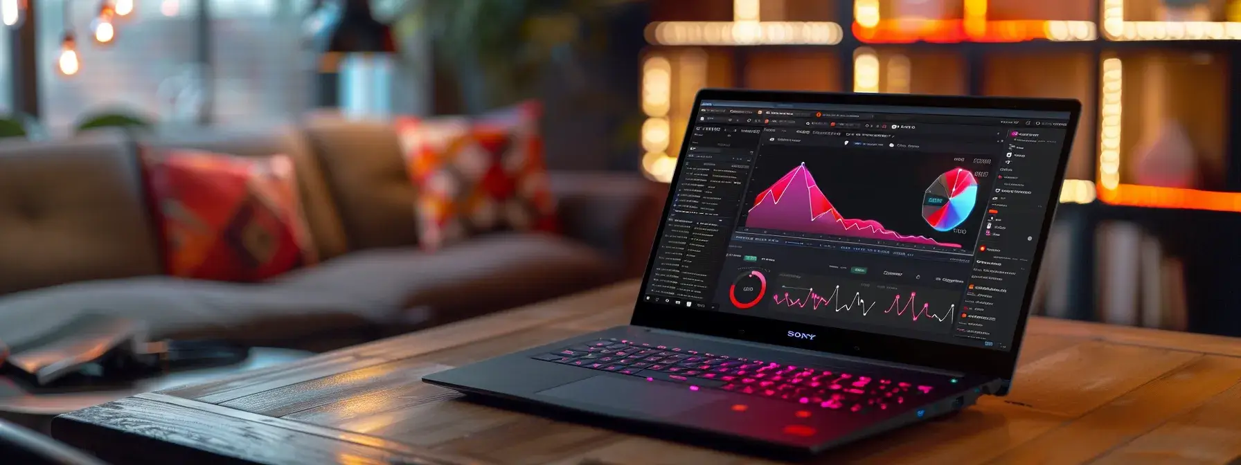 a laptop displaying a real estate investment site's search listing components being optimized for organic search, with colorful graphs and charts showing performance metrics in the background. a laptop displaying a real estate investment site's search listing components being optimized for organic search, with colorful graphs and charts showing performance metrics in the background.