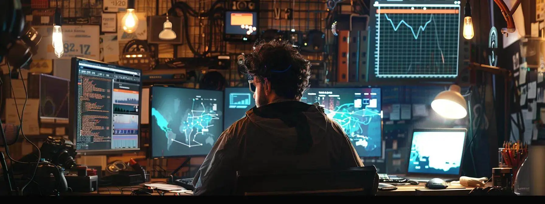 a man intensely analyzing data on a computer screen, surrounded by charts and graphs showing user engagement metrics for authoritative content. a man intensely analyzing data on a computer screen, surrounded by charts and graphs showing user engagement metrics for authoritative content.