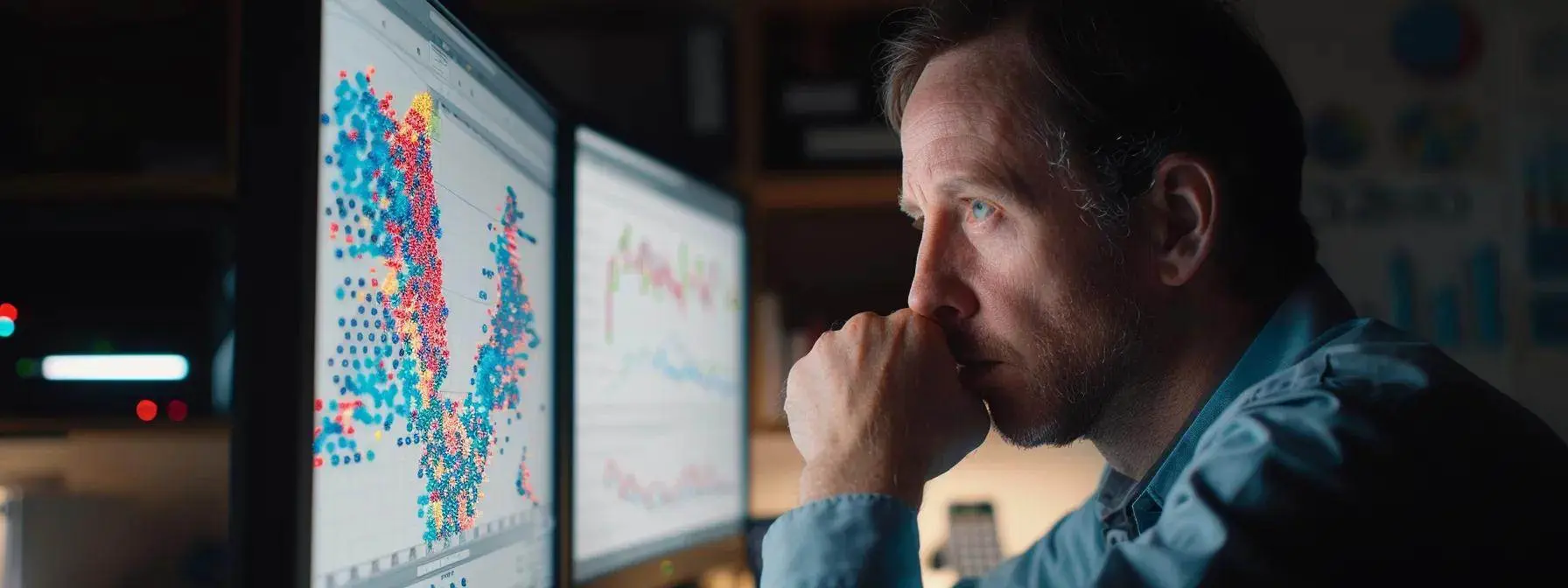 a man meticulously analyzing a computer screen displaying detailed spam score metrics with focused determination. a man meticulously analyzing a computer screen displaying detailed spam score metrics with focused determination.