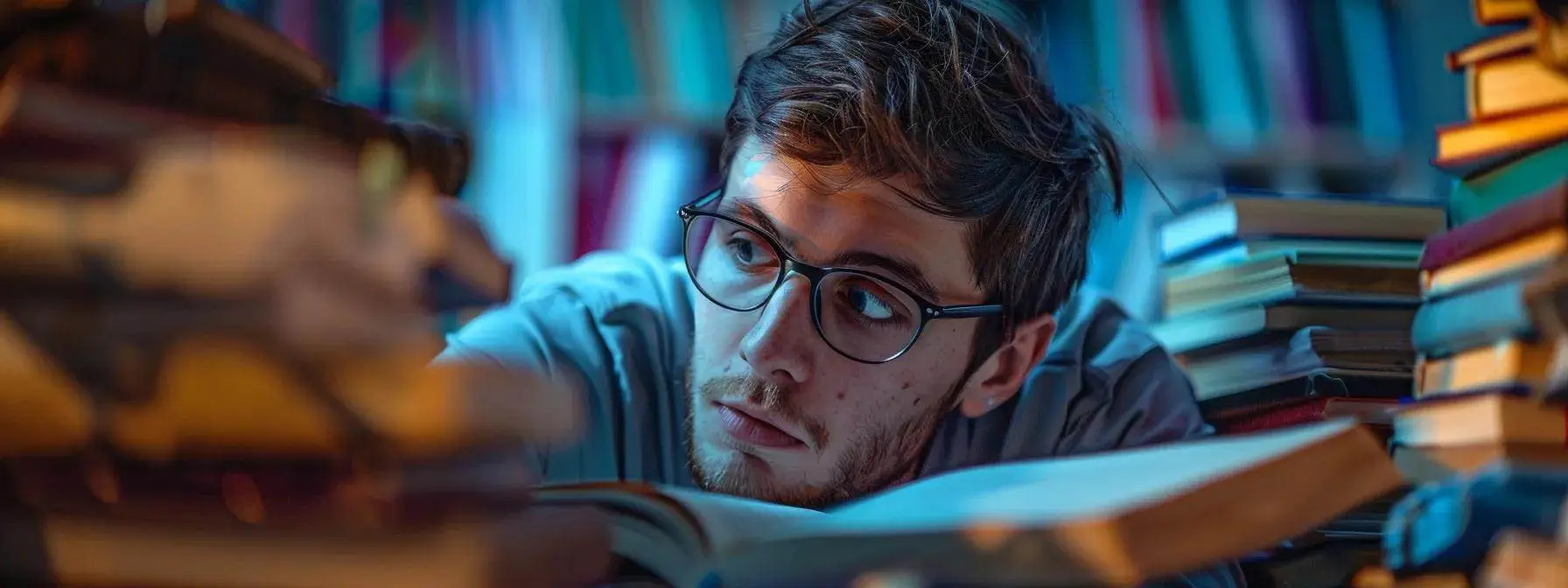 a man meticulously analyzing a complex web of colorful backlinks while surrounded by stacks of authoritative domain books. a man meticulously analyzing a complex web of colorful backlinks while surrounded by stacks of authoritative domain books.