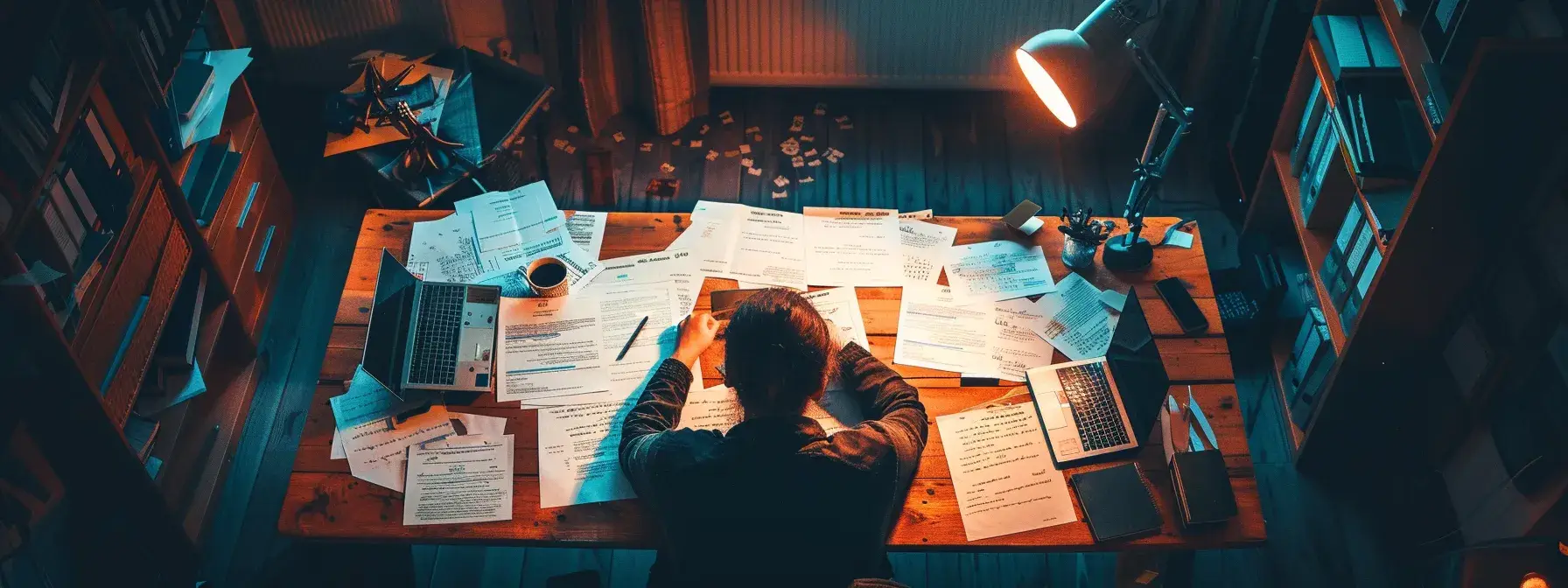 a person at a desk surrounded by papers, highlighting and rewriting website content to enhance impact and seo. a person at a desk surrounded by papers, highlighting and rewriting website content to enhance impact and seo.