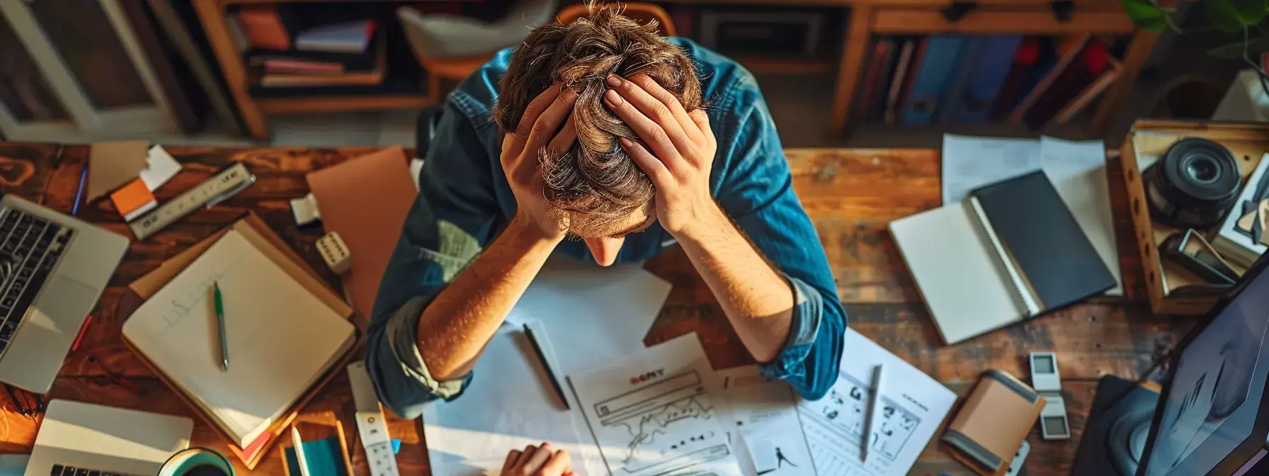 a person sitting at a desk surrounded by a computer, notebooks, and various tools, focused on rewriting website content with determination and concentration. a person sitting at a desk surrounded by a computer, notebooks, and various tools, focused on rewriting website content with determination and concentration.