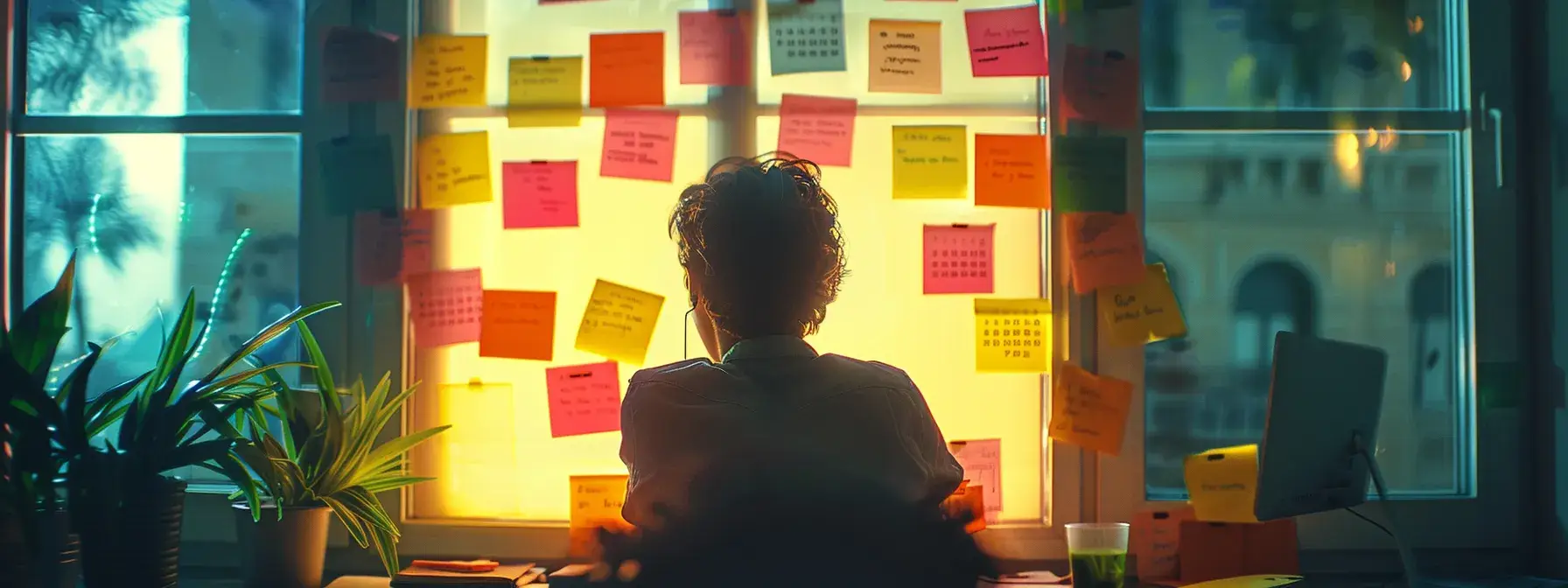 a person surrounded by colorful sticky notes and a calendar, brainstorming ideas for a real estate content plan. a person surrounded by colorful sticky notes and a calendar, brainstorming ideas for a real estate content plan.
