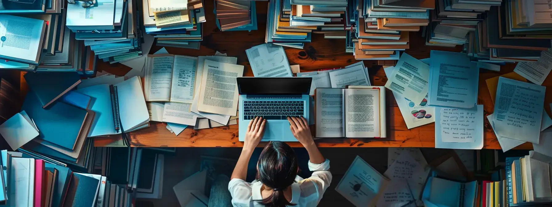a person typing on a laptop surrounded by piles of books, notes, and graphs, illustrating a continuous cycle of content improvement. a person typing on a laptop surrounded by piles of books, notes, and graphs, illustrating a continuous cycle of content improvement.