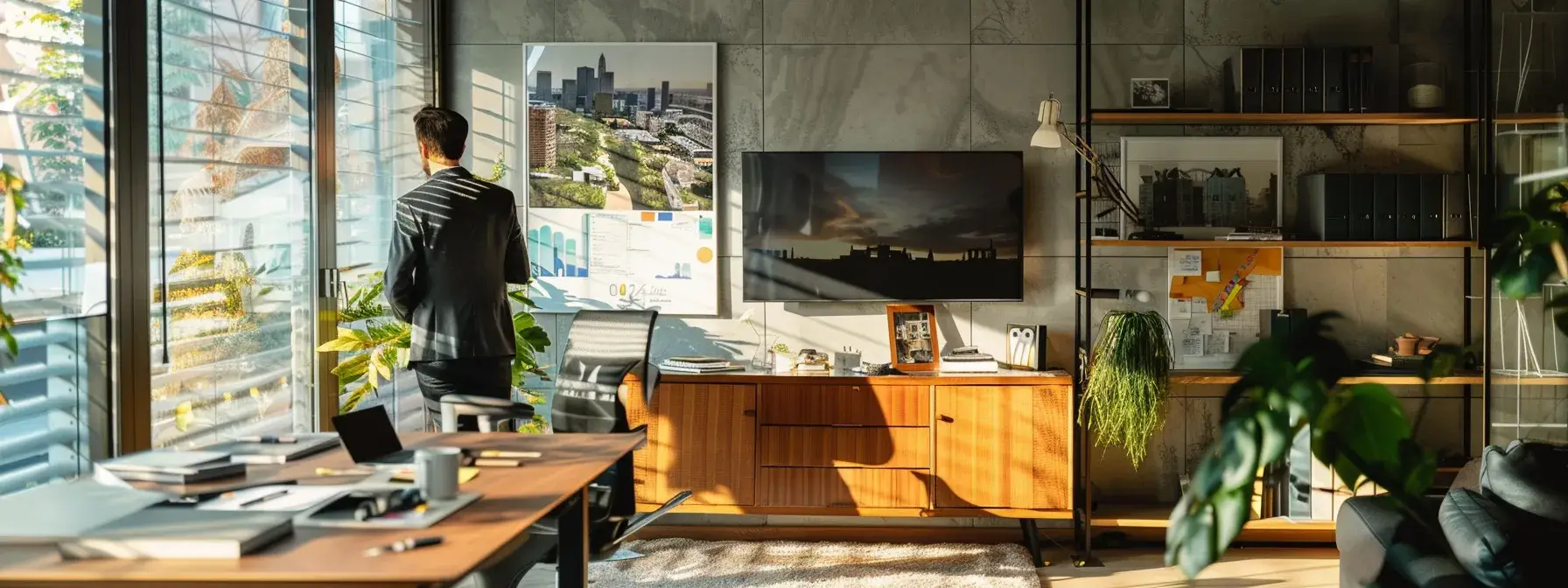 a real estate agent analyzing demographic data and market segments in a modern office, surrounded by virtual tours and detailed buyer personas. a real estate agent analyzing demographic data and market segments in a modern office, surrounded by virtual tours and detailed buyer personas.