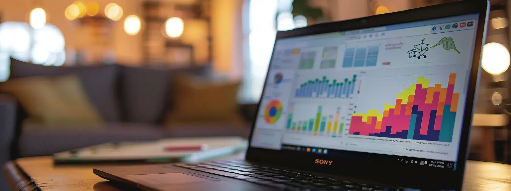 a close-up photo of a laptop screen displaying a colorful graph of local real estate keywords with a map in the background. a close-up photo of a laptop screen displaying a colorful graph of local real estate keywords with a map in the background.