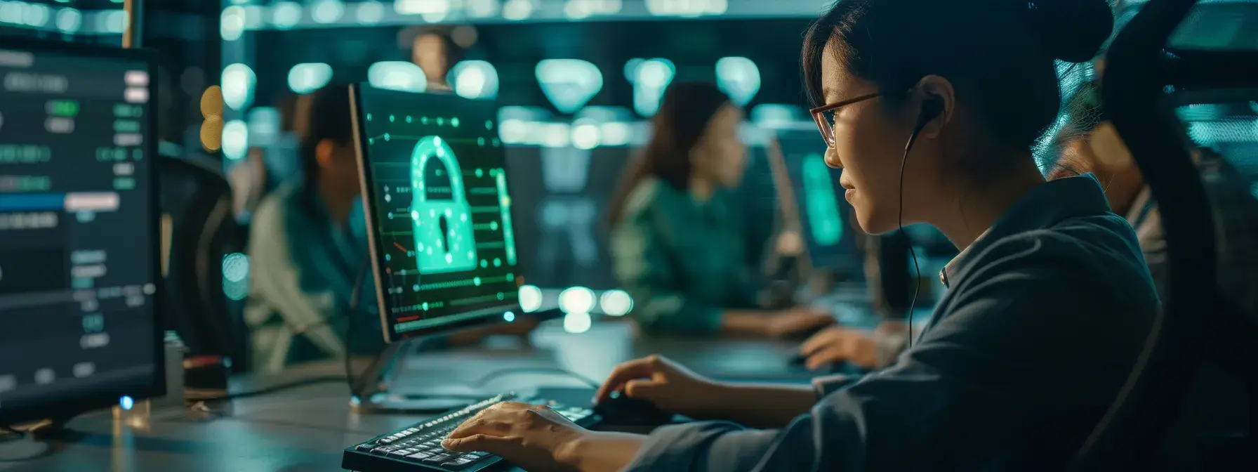 a close-up of a computer screen displaying a green padlock symbol indicating secure ssl certification, with a background of a team of employees engaged in a cybersecurity training session. a close-up of a computer screen displaying a green padlock symbol indicating secure ssl certification, with a background of a team of employees engaged in a cybersecurity training session.