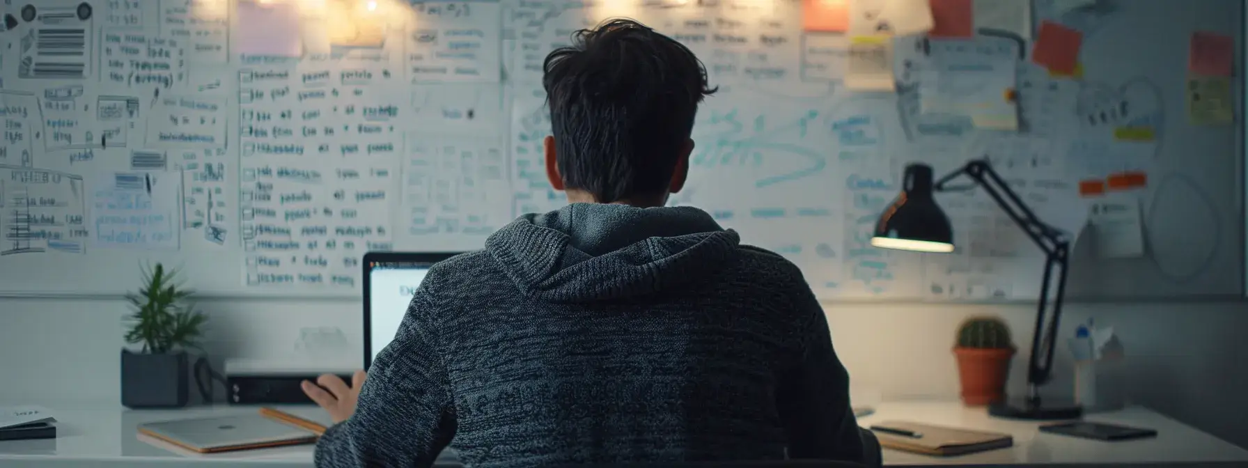 a focused individual conducting keyword research on a laptop with strategic seo objectives written on a whiteboard in the background. a focused individual conducting keyword research on a laptop with strategic seo objectives written on a whiteboard in the background.