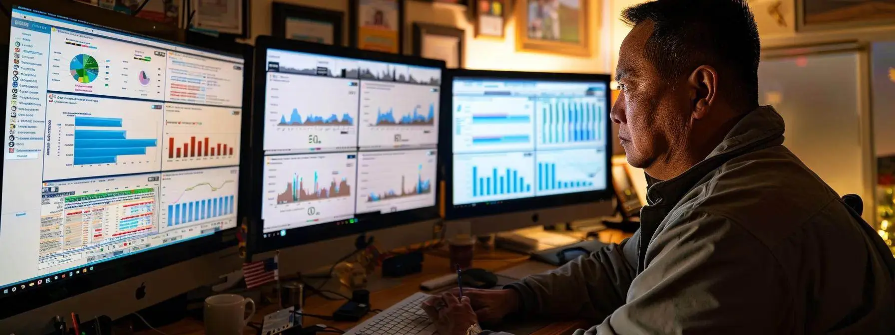 focused man analyzing website traffic and search rankings on multiple computer screens with graphs and data displayed. focused man analyzing website traffic and search rankings on multiple computer screens with graphs and data displayed.