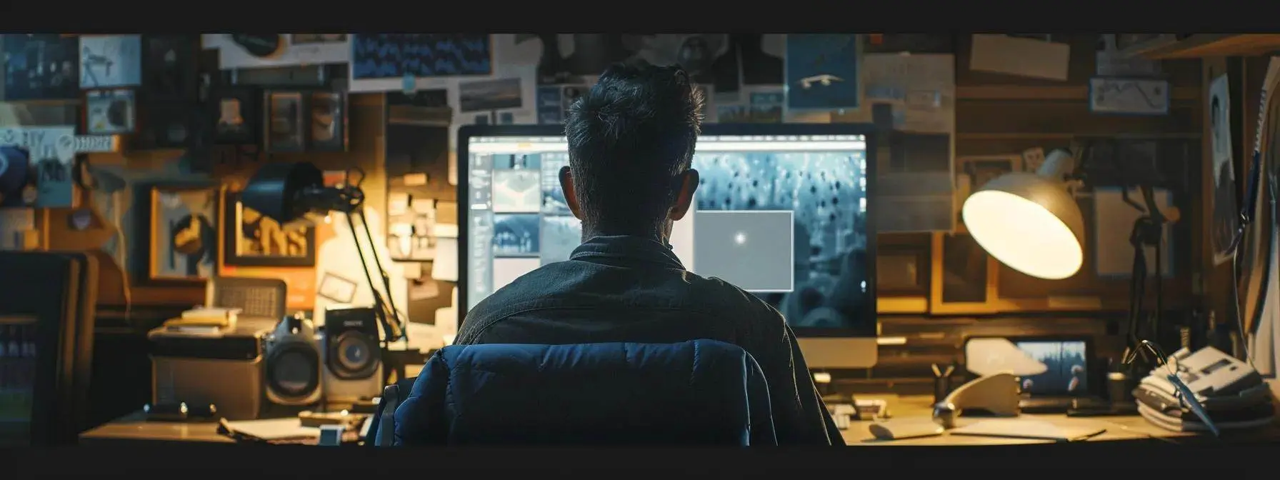 a focused man creating authoritative content on his computer, surrounded by innovative tools and empathetic inspiration. a focused man creating authoritative content on his computer, surrounded by innovative tools and empathetic inspiration.